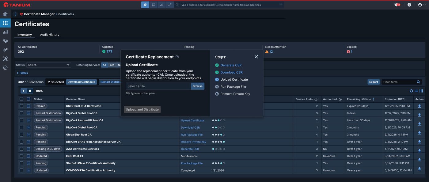 Certificate Replacement wizard, mid-flow